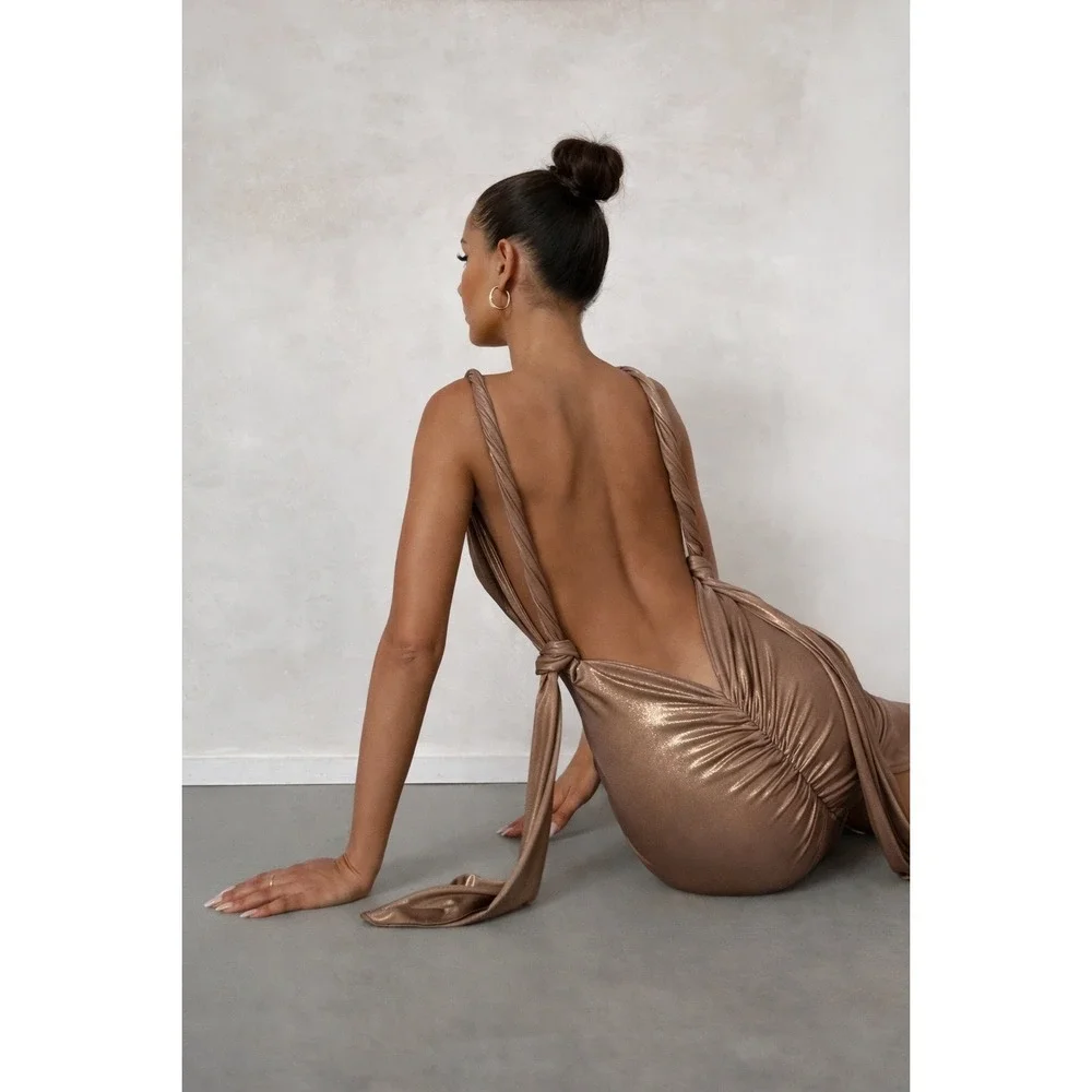 Micas Metallic Gold Open Back Midi Dress‎ size M
